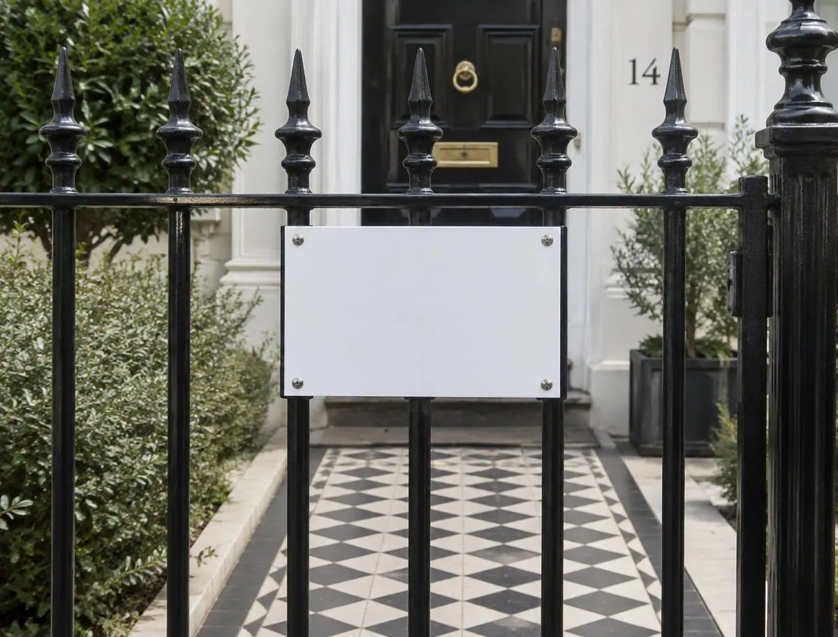 Illustration of a small board fixed to the black iron railings of a London townhouse