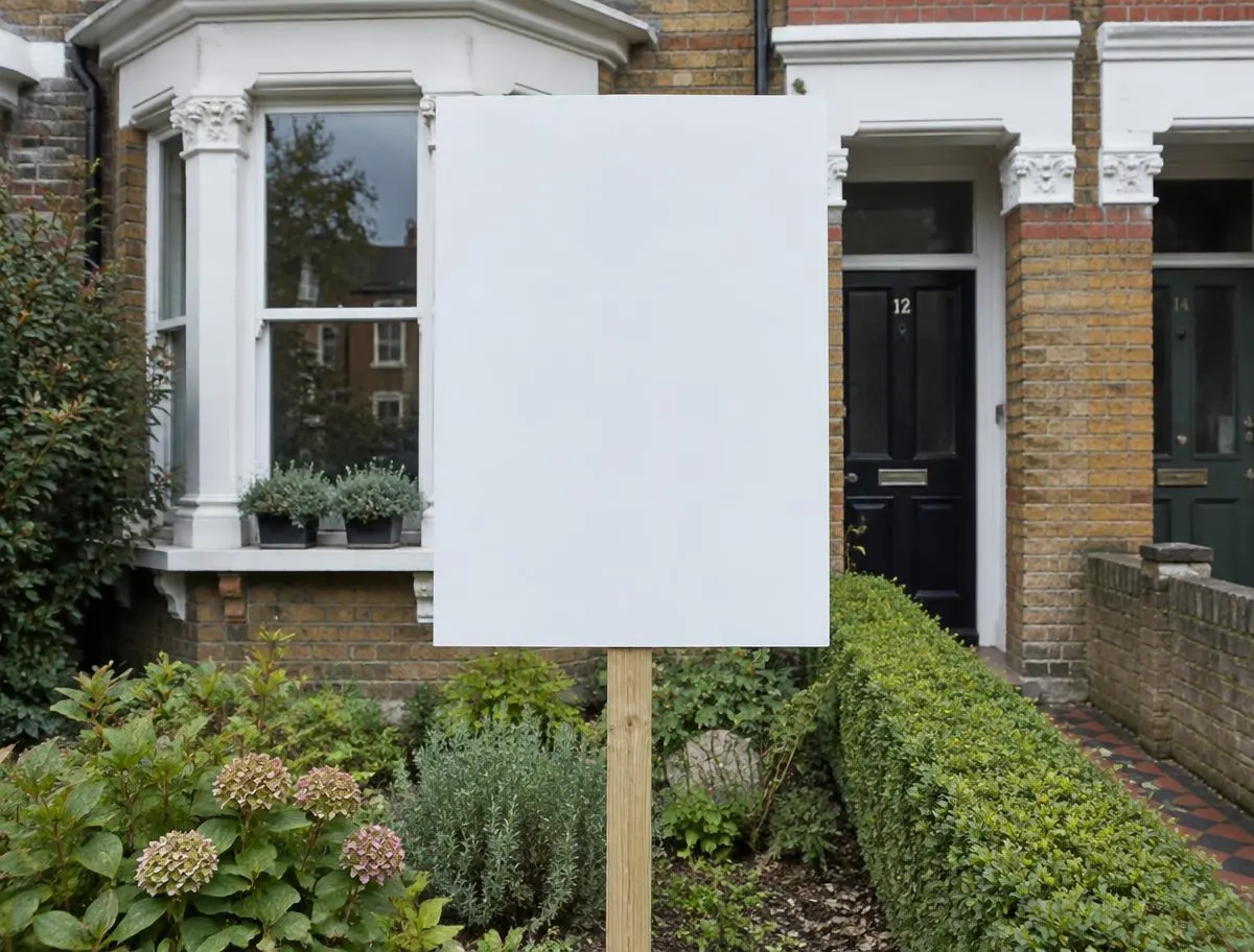 Illustration of a board on a wooden post in the front garden of a brick Victorian terraced house